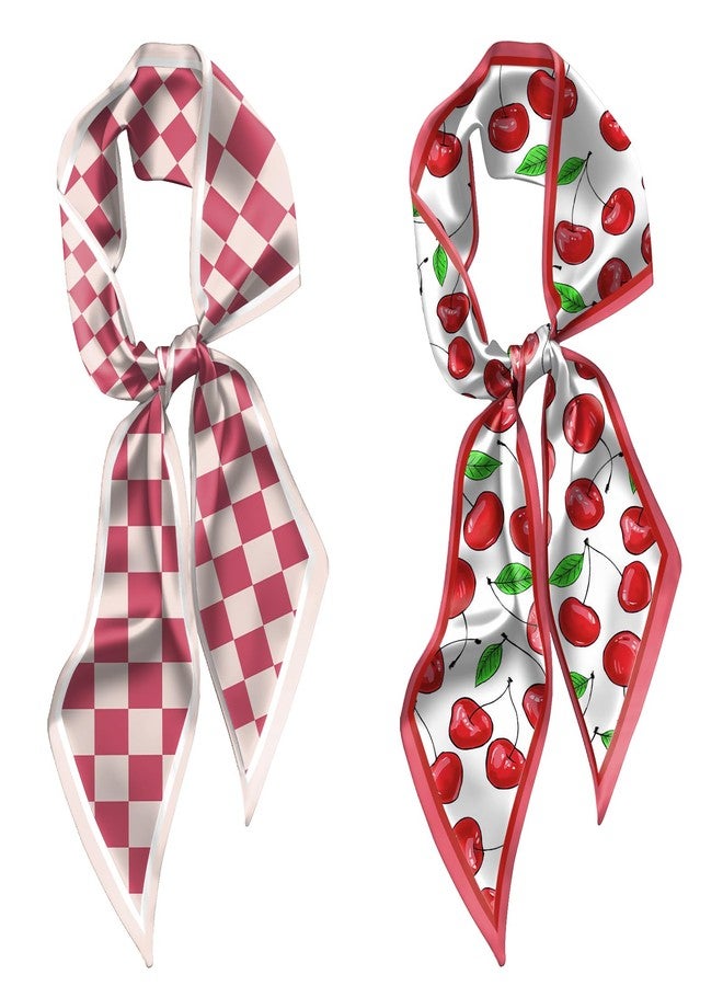 BHAHB 2PCS Hair Head Scarf Silk Feeling Long Satin Neck Satin Scarves for Handbag Cute Decoration Aesthetic Women 59 * 6.7''-Pink Cherry - Image 1
